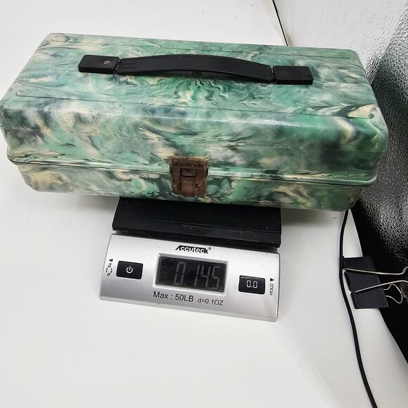 vintage Green Gray Marblelite Psychedelic Green Swirl Chest Fishing Tackle Box - Picture 12 of 12